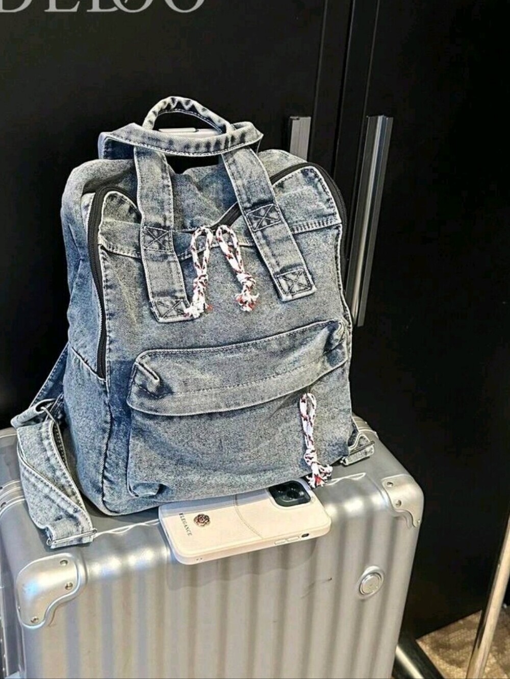 Denim-Style Canvas Backpack in Washed Gray
